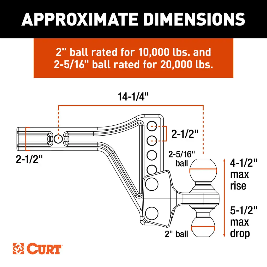 CURT 45937 HD Adjustable Trailer Hitch Ball Mount with Dual Ball, 2-1/2 ...