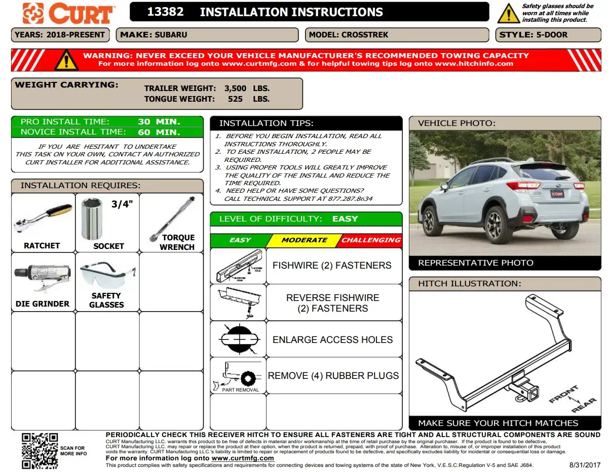 Class 3 Trailer Hitch Receiver For Subaru Crosstrek 2018-2024 – 2" – 3500 Lb Capacity
