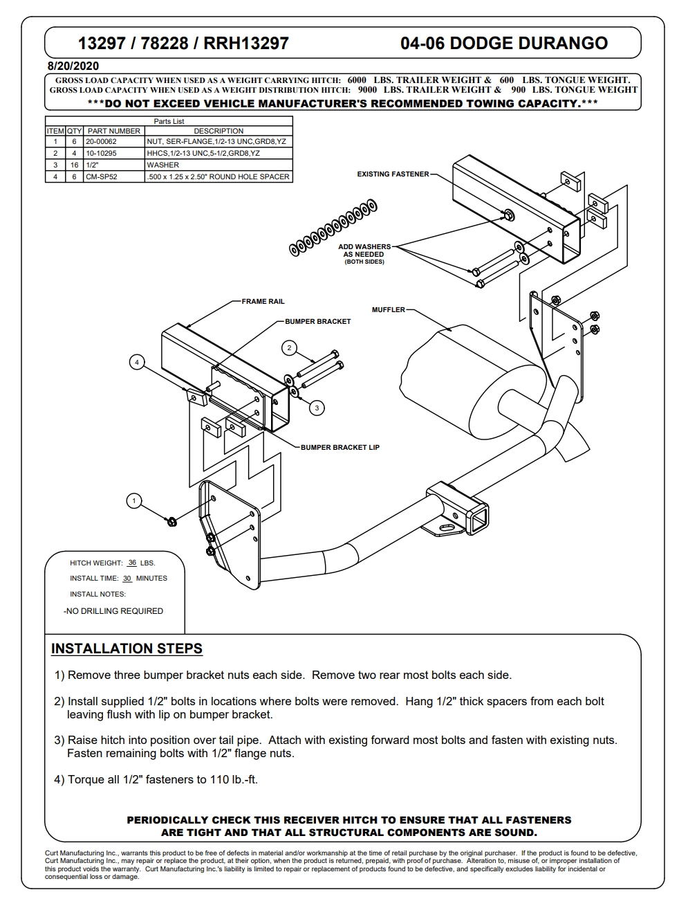 Dodge Durango hitch install instructions