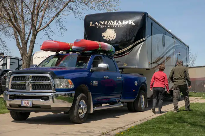 Truck Towing 5th Wheel RV Trailer